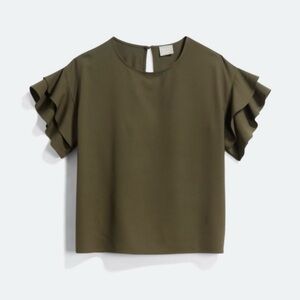 Olive Green Ruffle Sleeve Blouse, Size Small